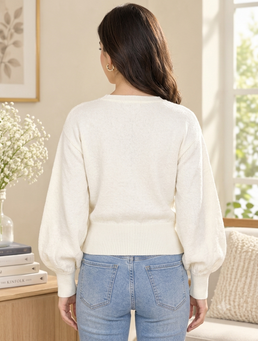Women White V-Neck Down Shoulder Sweater