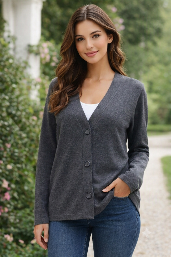 Women Grey V-Neck Cardigan