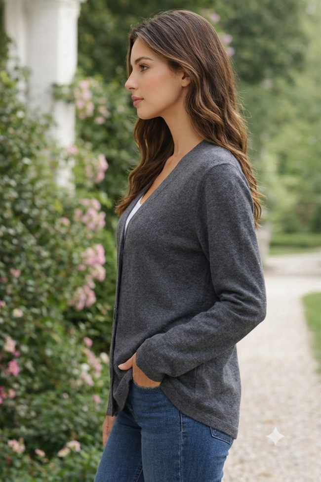 Women Grey V-Neck Cardigan
