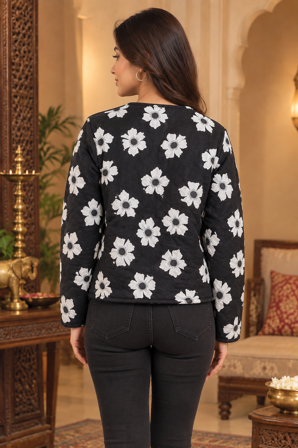 Women Black Cotton Quilted Jacket