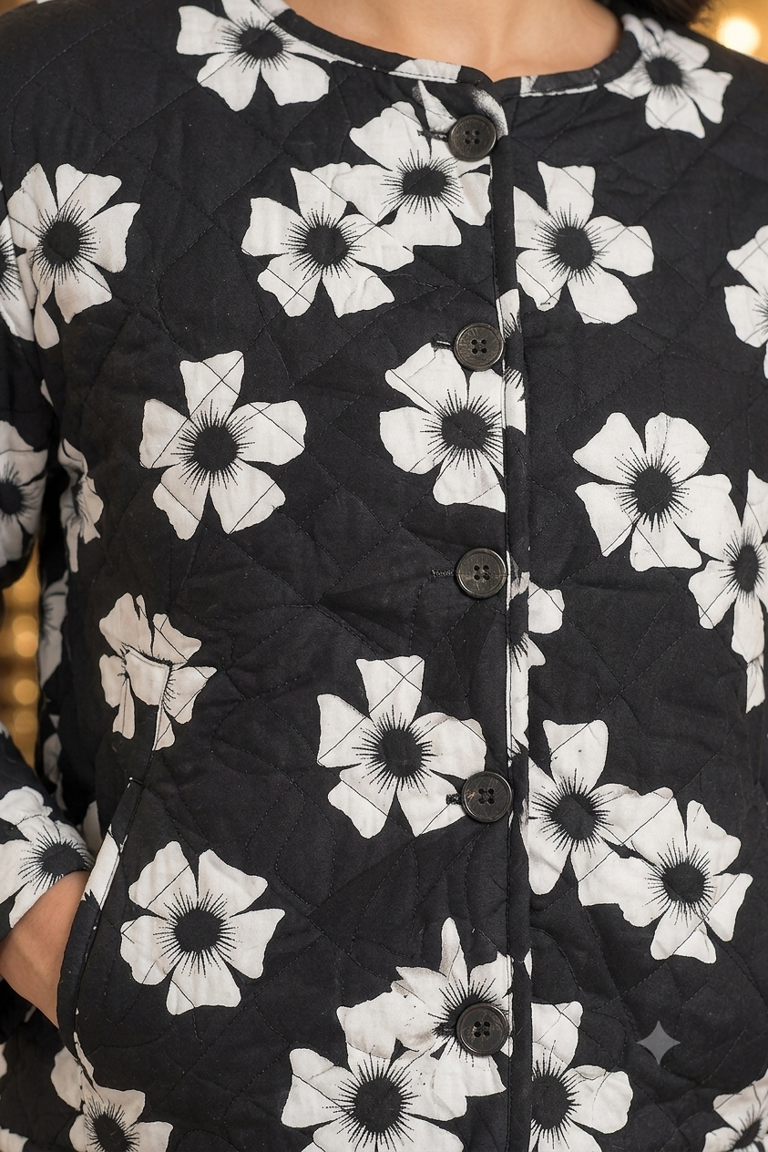 Women Black Cotton Quilted Jacket