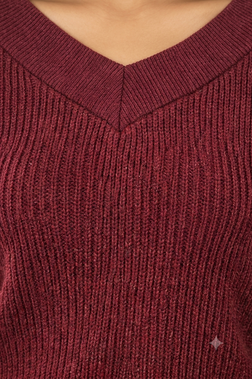 Women Maroon Ribbed Knit Sweater