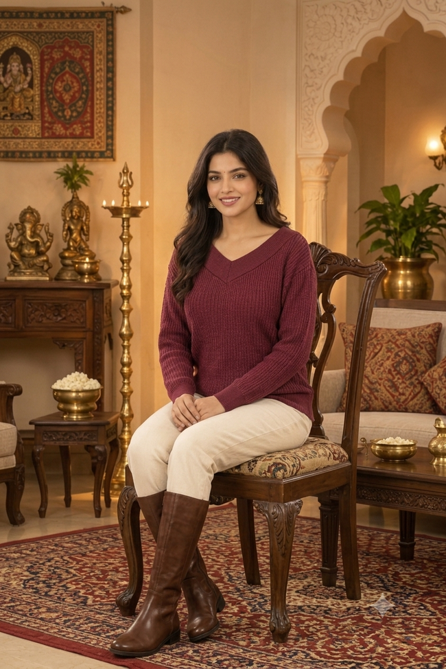 Women Maroon Ribbed Knit Sweater
