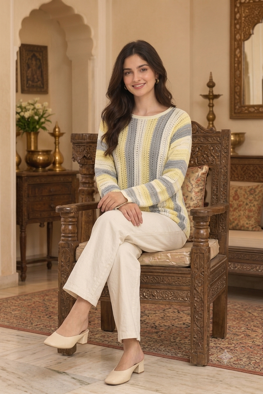 Women Cream Acrylic Knitted Sweater