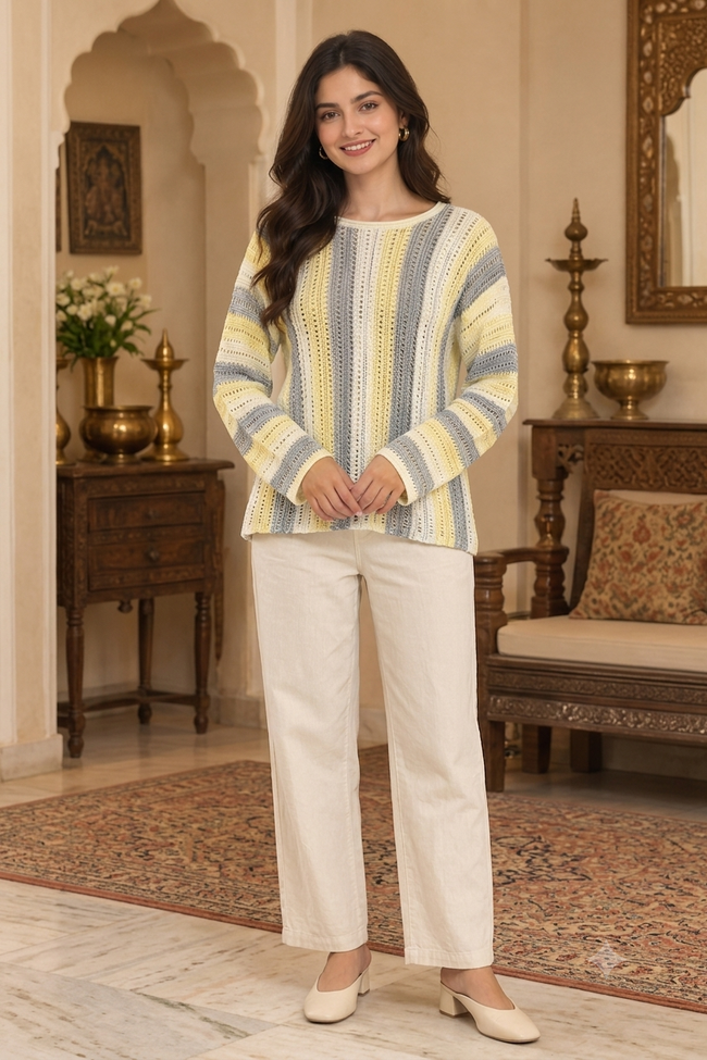 Women Cream Acrylic Knitted Sweater
