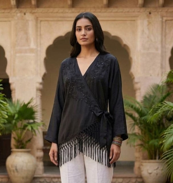 Women Black Polyester Wrap Top