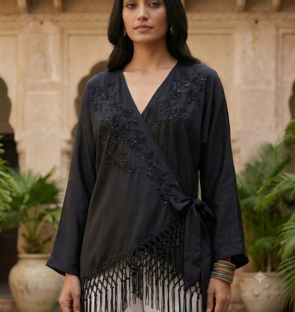 Women Black Polyester Wrap Top