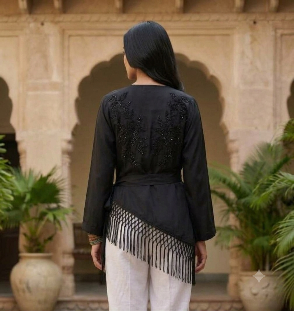 Women Black Polyester Wrap Top