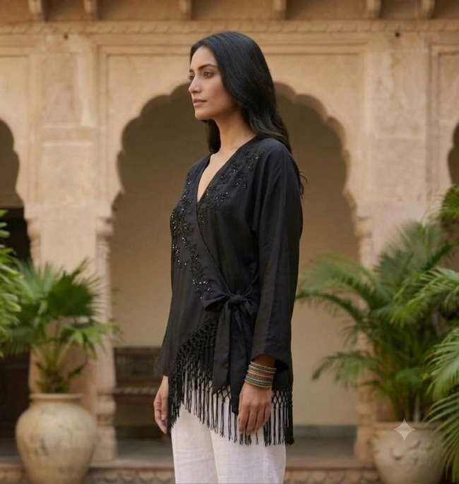 Women Black Polyester Wrap Top