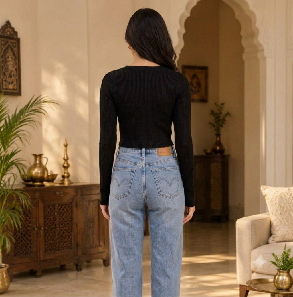 Women Black  Cropped Sweater Top