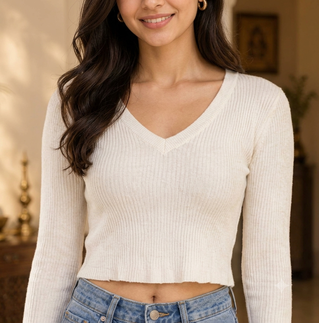 Women White  Cropped Sweater Top