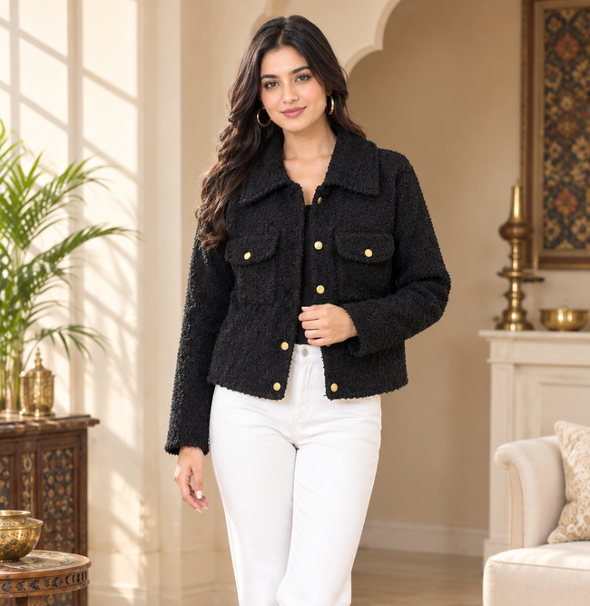Women Black Textured Jacket