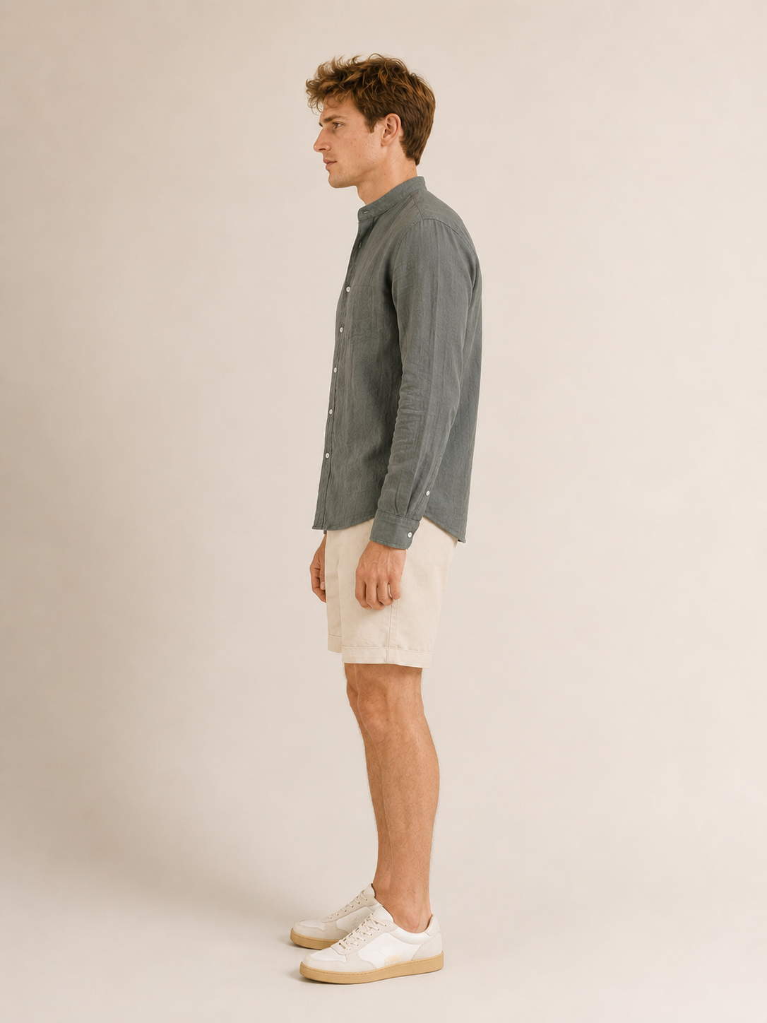 Men Olive Linen Band Collar Shirt