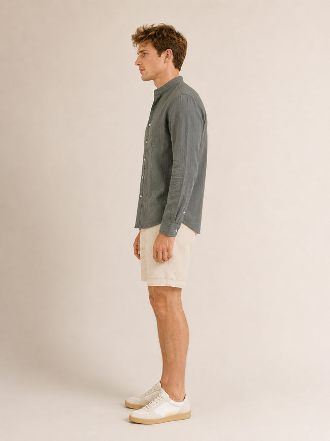 Men Olive Linen Band Collar Shirt