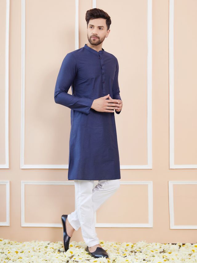 Men Blue Cotton Solid Straight Kurta