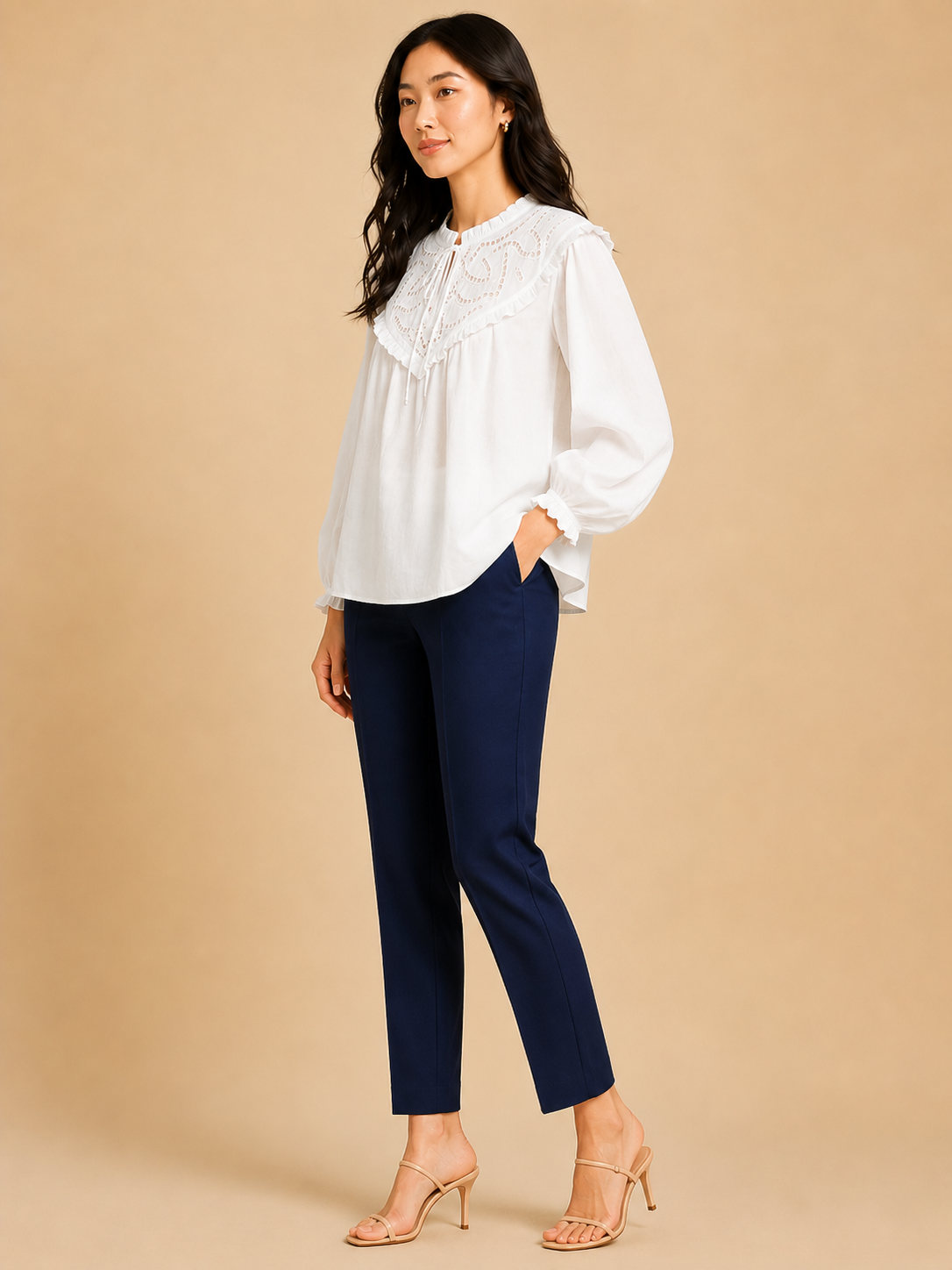 Women White Ruffle Detail Top