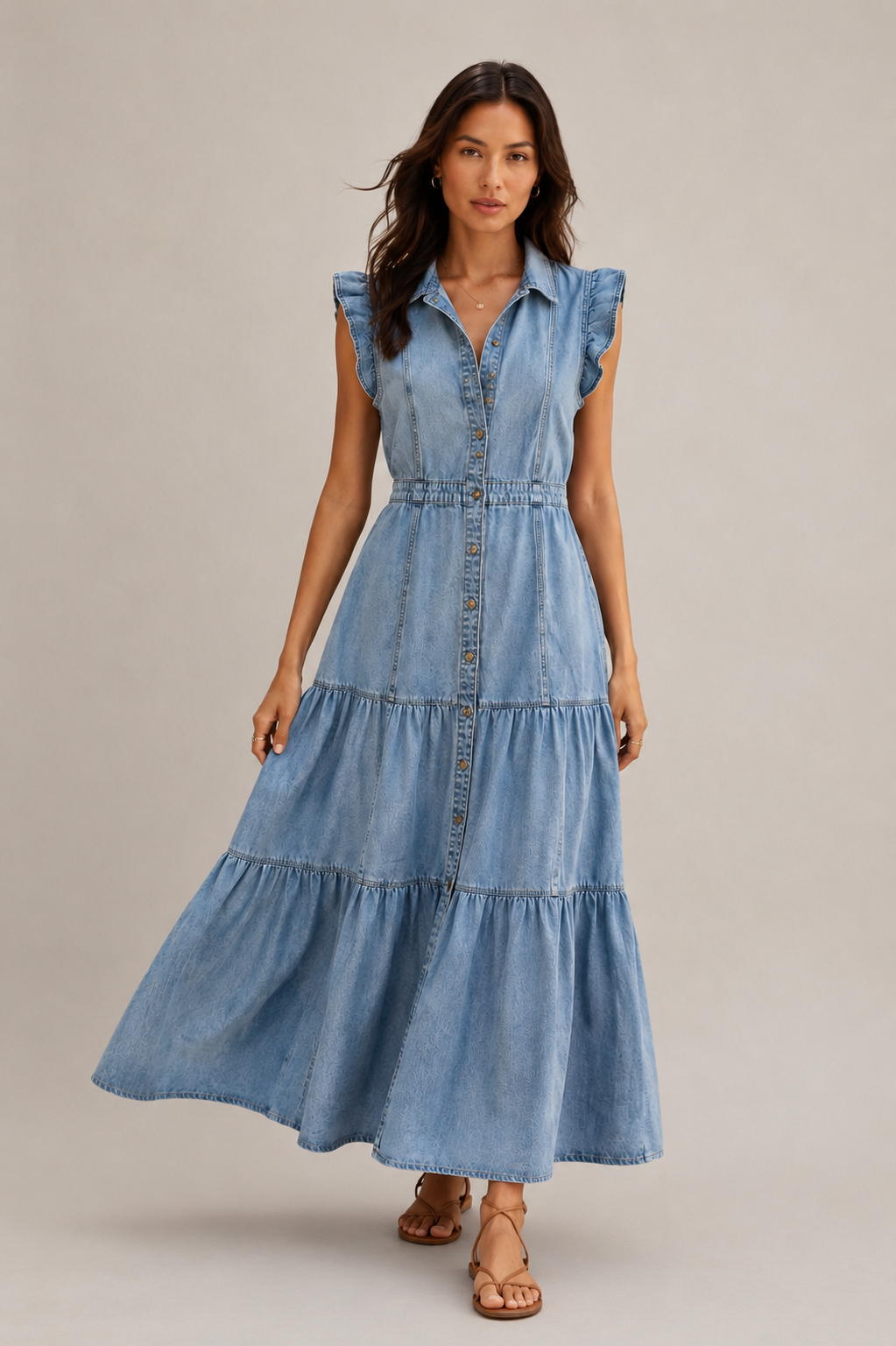Women Denim Tiered Shirt Dress