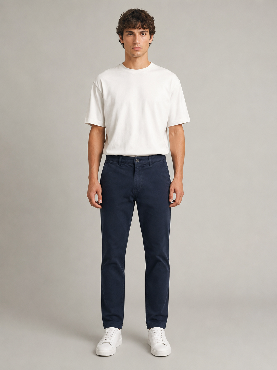 Men Navy Cotton Stretch Chino Trousers