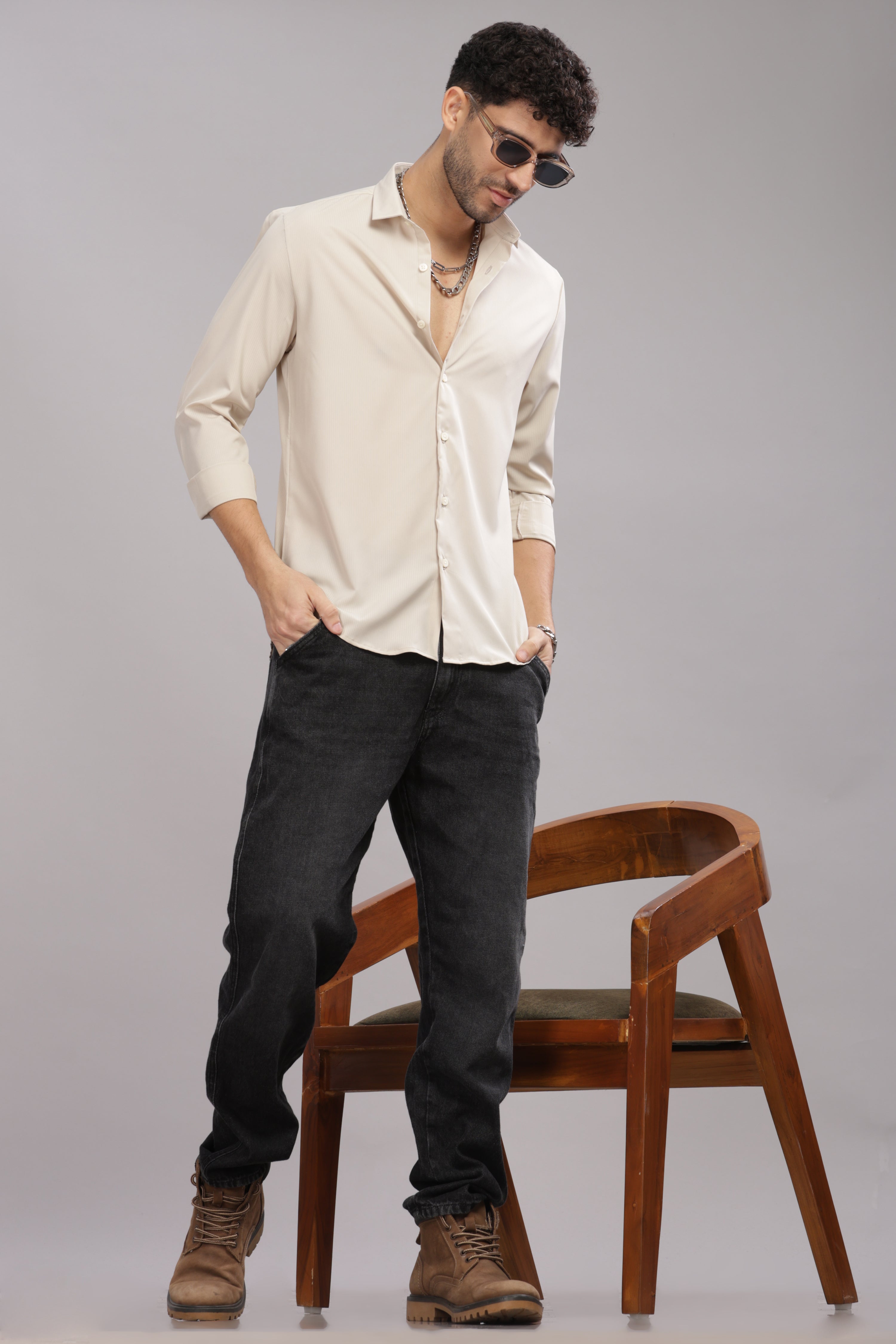 Men Cream Slim Fit Shirt