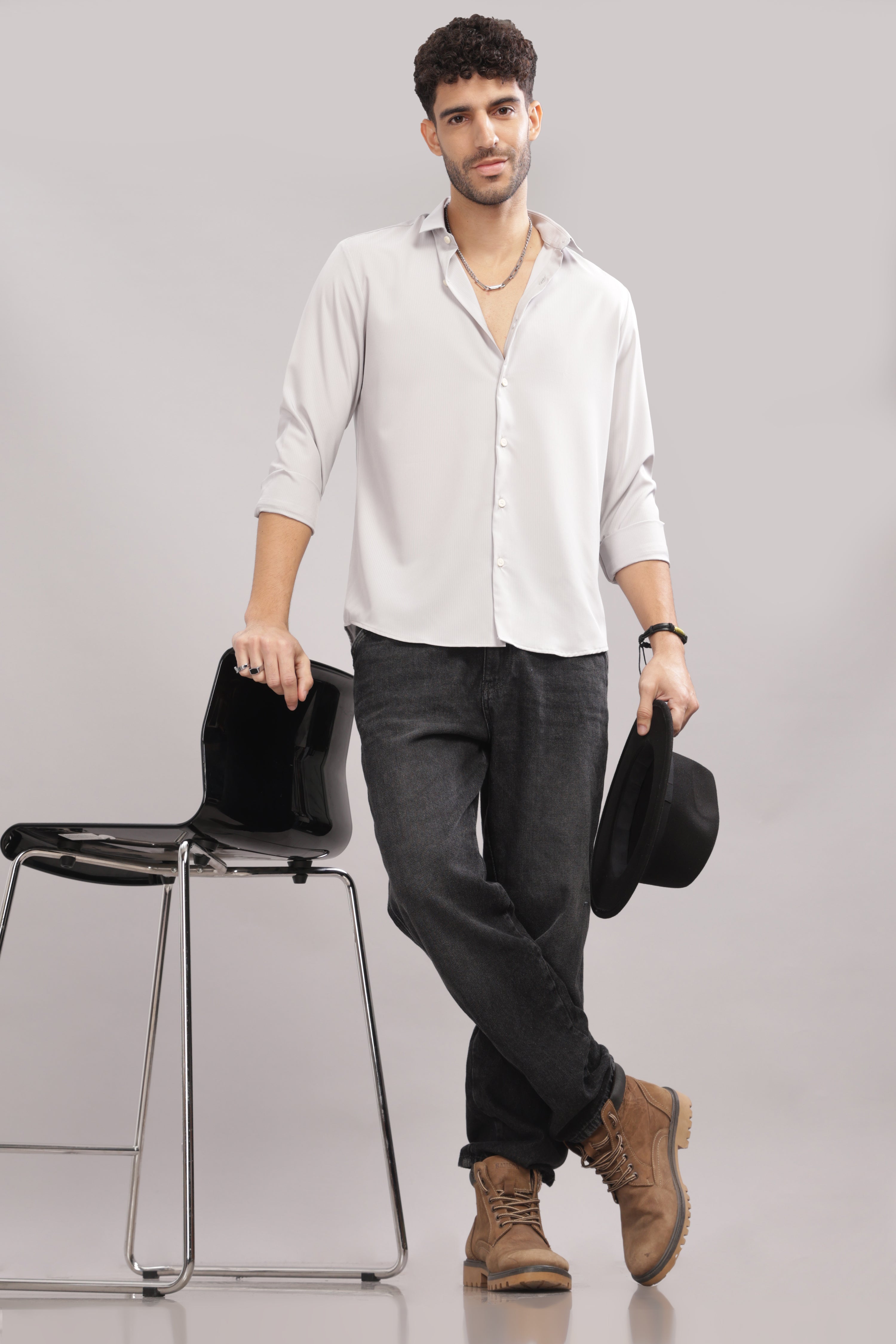 Men Silver Slim Fit Shirt