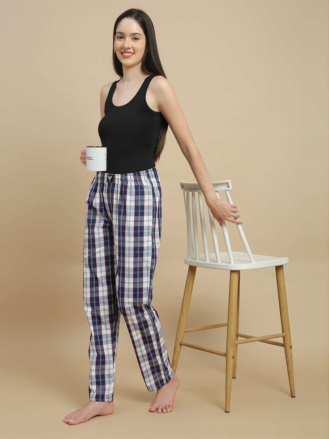 Women Navy & White Checked Cotton Pyjamas