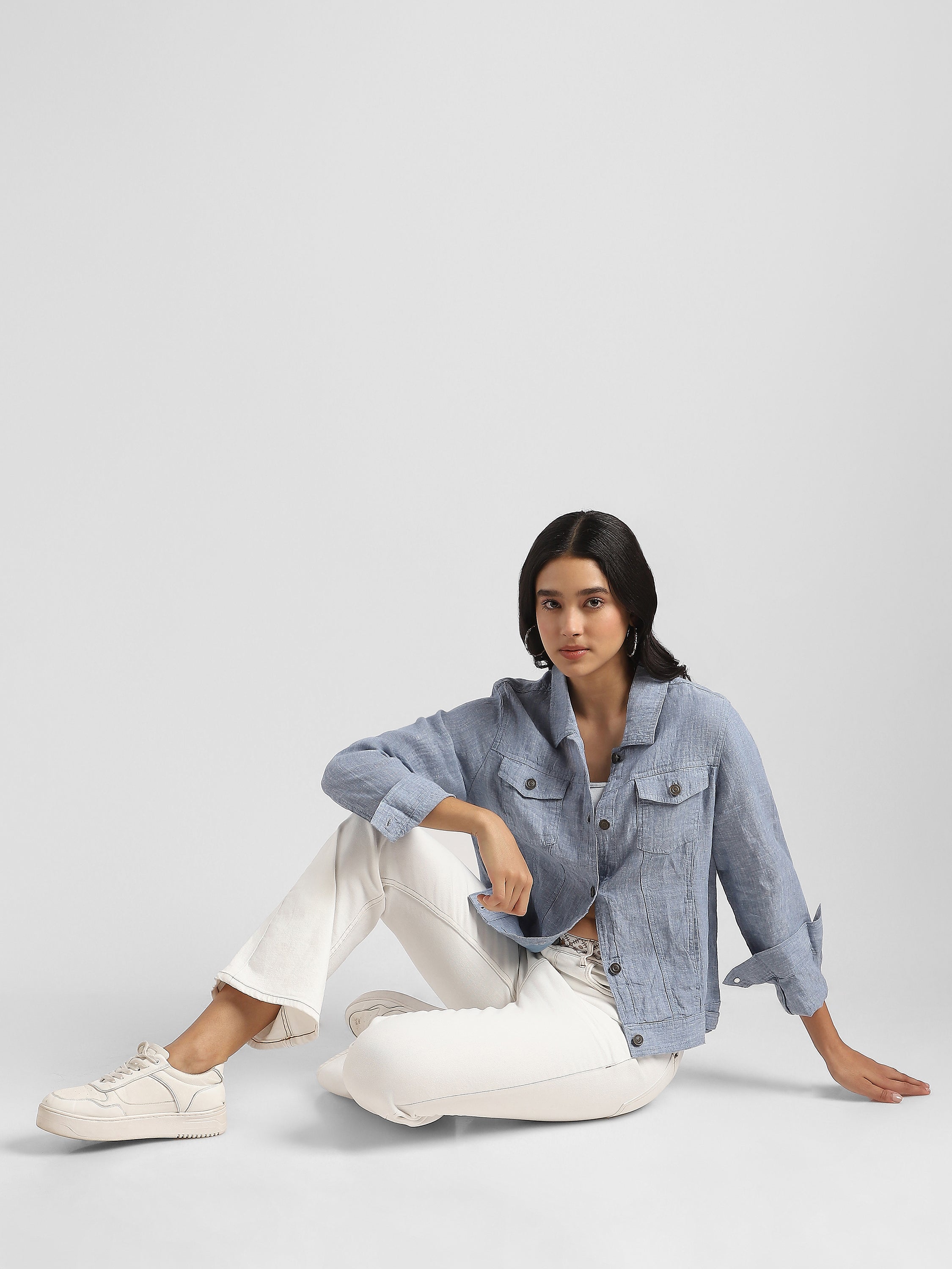 Women Linen Blue Shacket