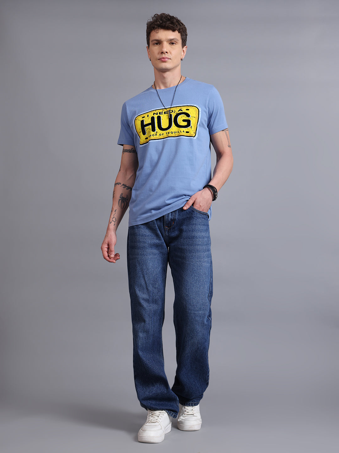 Men Blue Cotton Regular T-Shirt