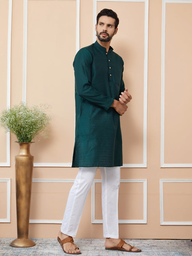 Men Green Ethnic Motifs Silk Jacquard Woven Design Straight Kurta