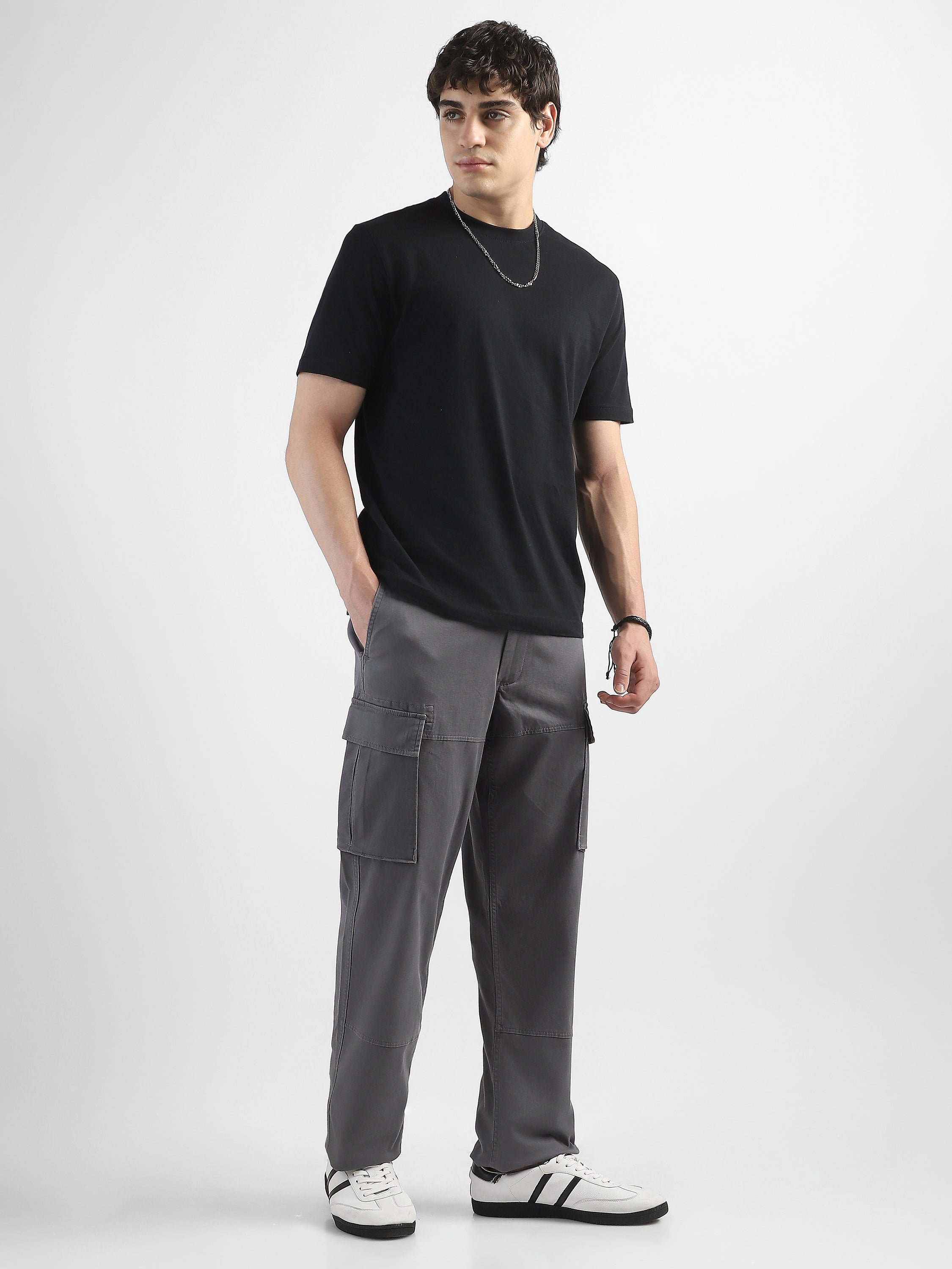 Men Grey  Cotton Mid Rise Cargo Pants