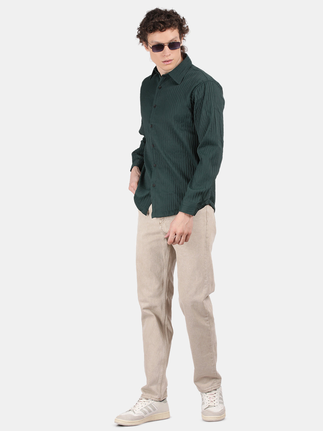 Men Dark Green Slim Fit Spread Collar Full Sleeve Casual Shirt