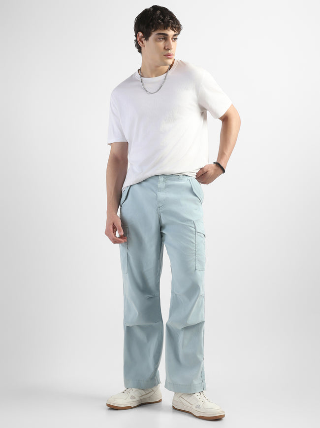 Men Light Blue Mid Rise Comfort Fit Cargo with 6 pockets