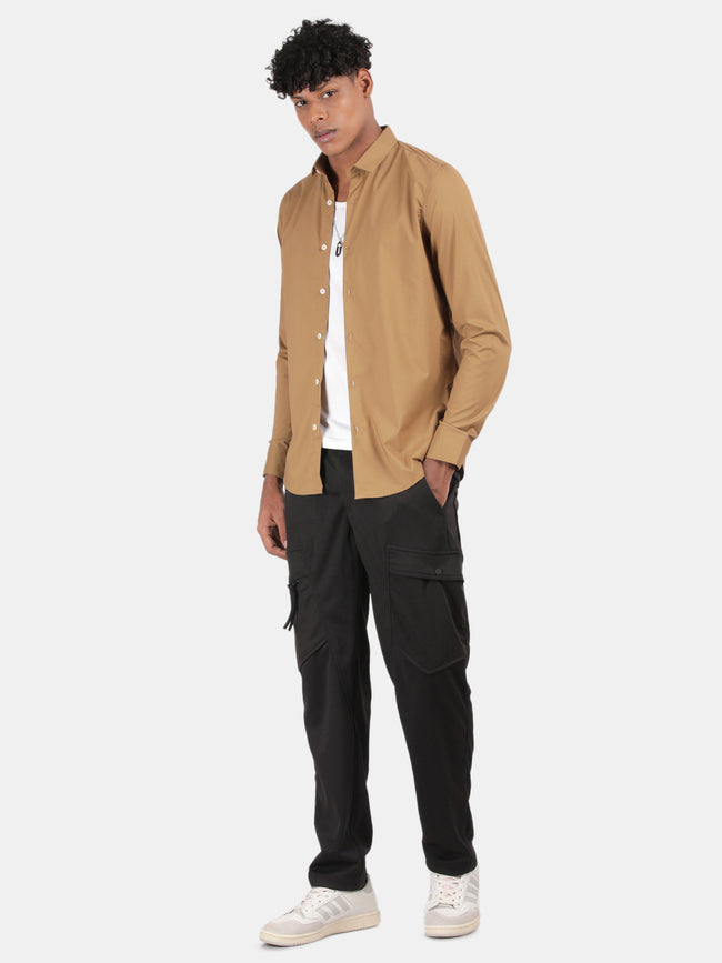 Men khaki Slim Fit Spread Collar Full Sleeve Casual Shirt