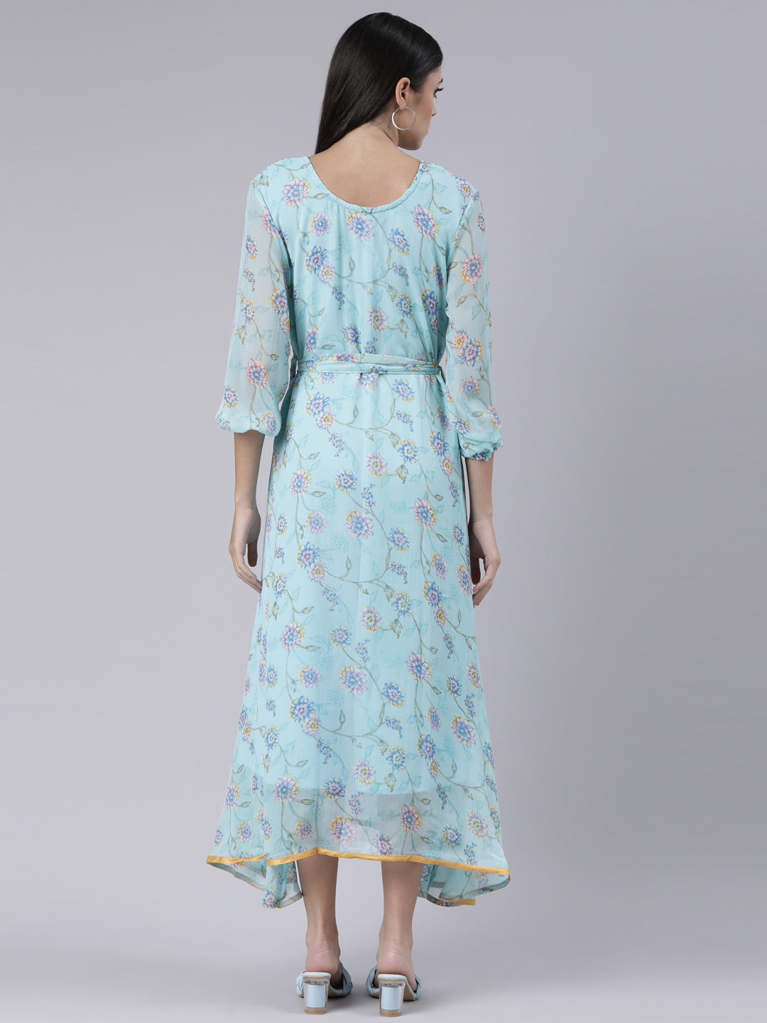 Women Blue Floral Chiffon Maxi Dress