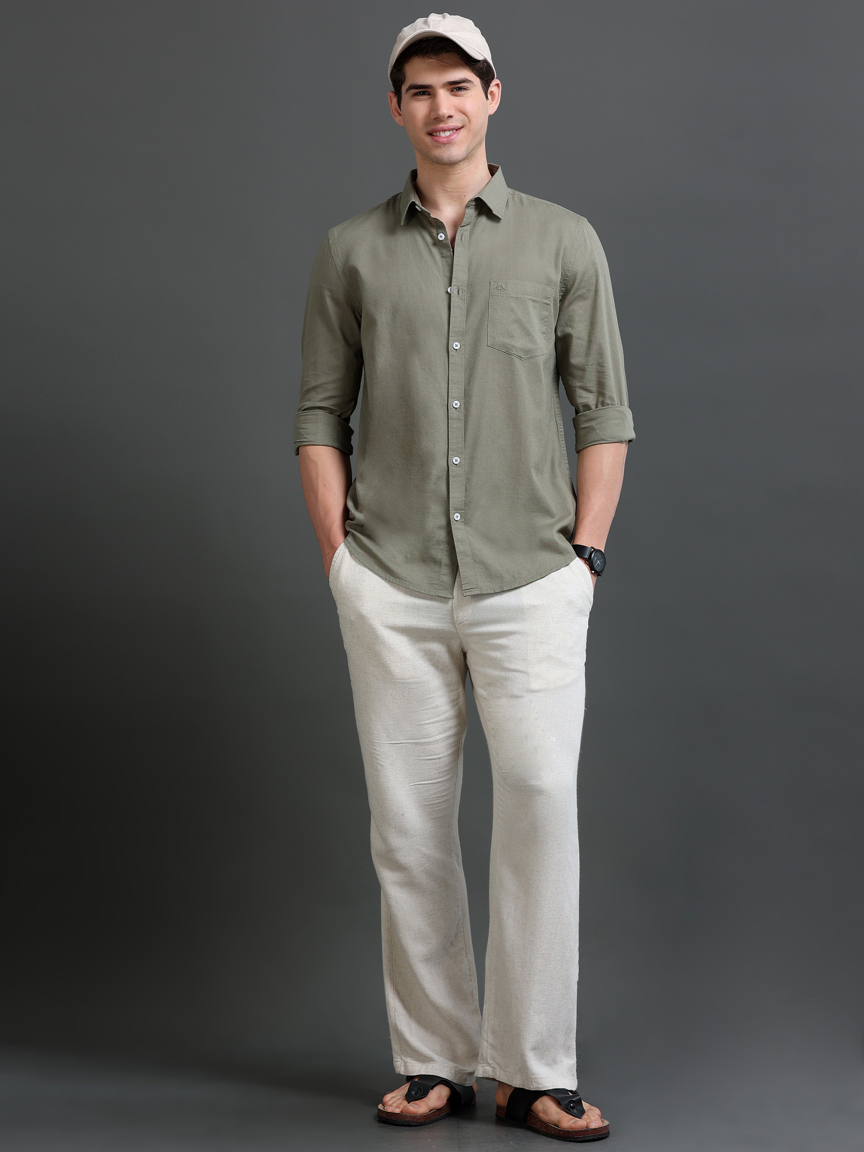 Men Olive Slub Solid Shirt