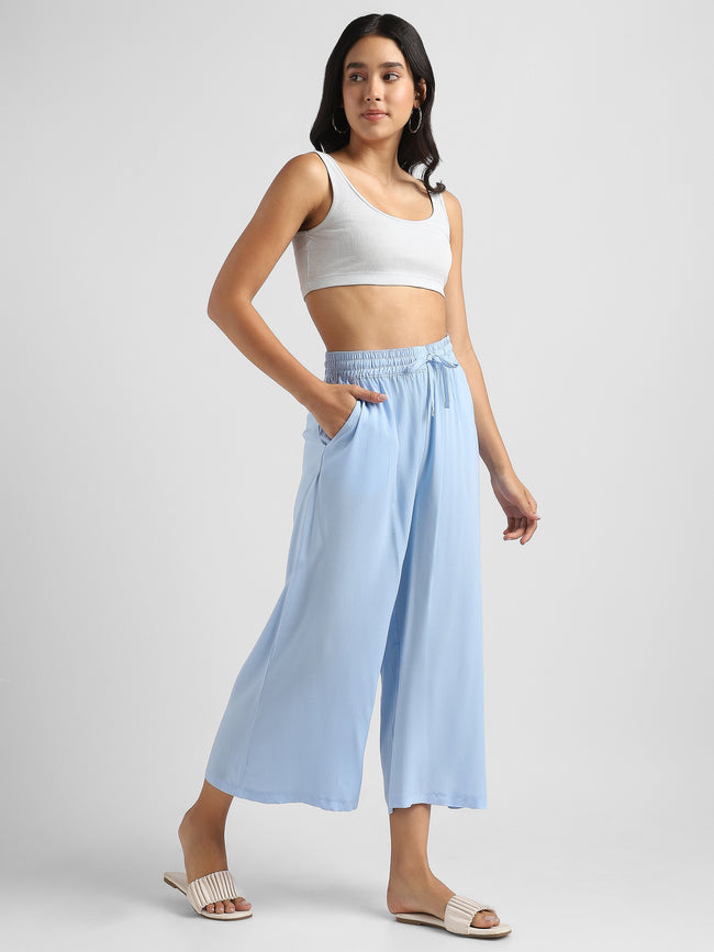 Women Blue Flowy Wide-Leg Pants with Drawstring