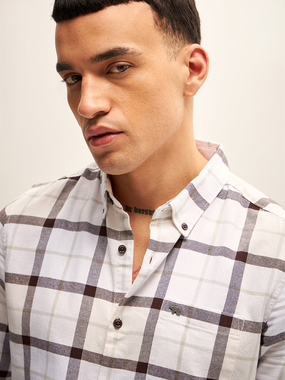 Men Beige Checked Slim Fit Casual Shirt