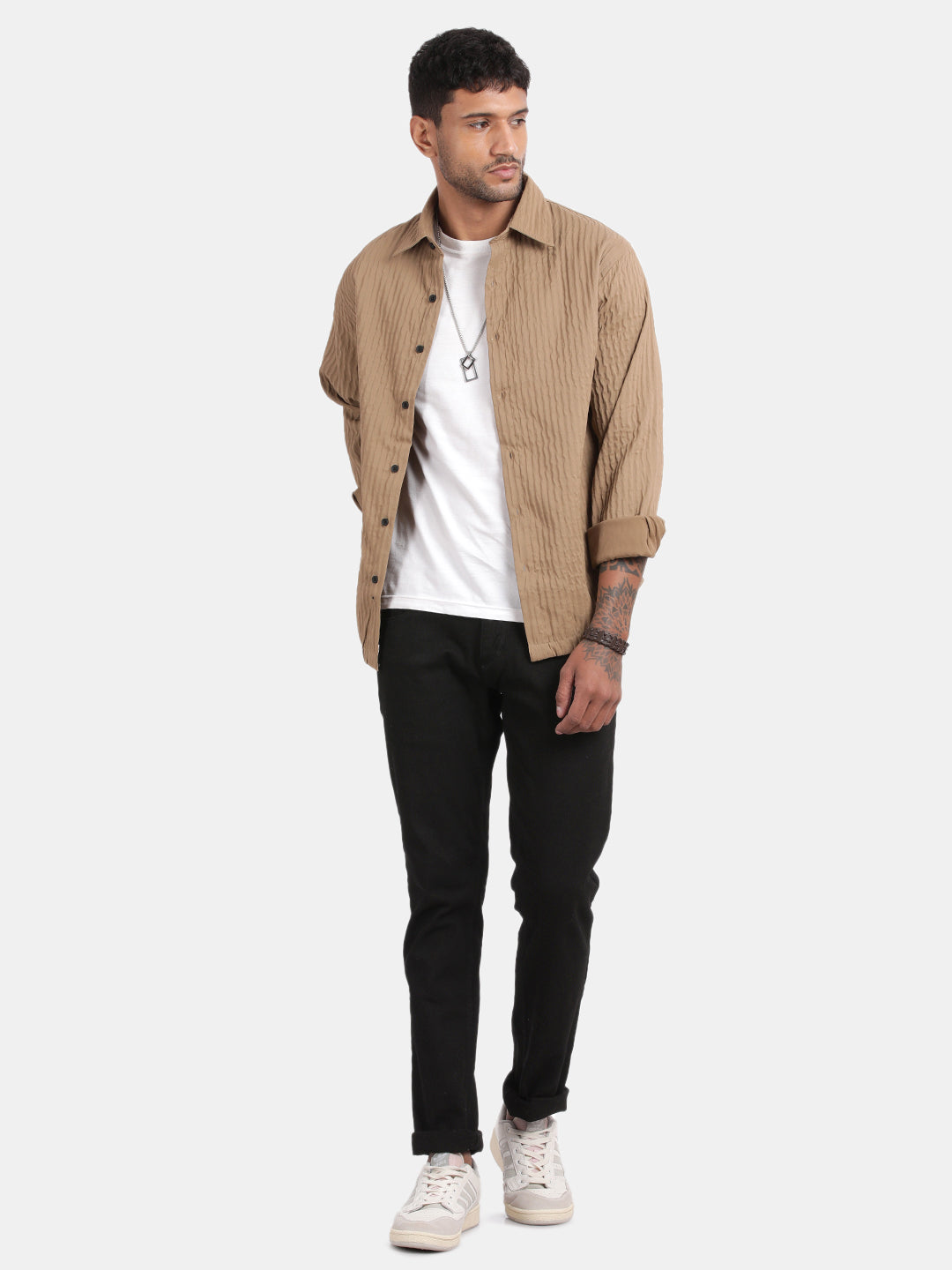 Men Brown Slim Fit Spread Collar Full Sleeve Casual Shirt