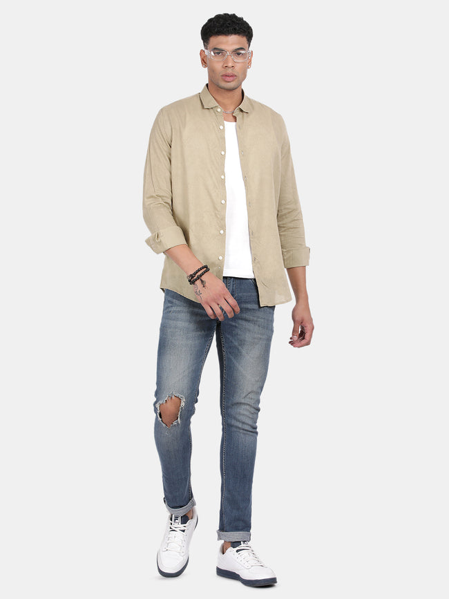 Men Khaki Slim Fit Spread Collar Full Sleeve Casual Shirt