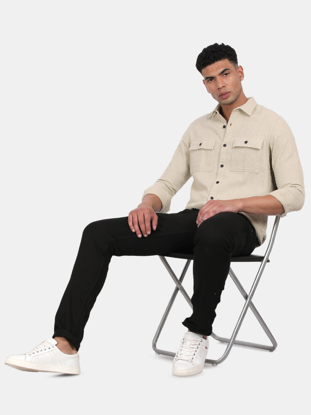 Men Cream Slim Fit Spread Collar Full Sleeve Casual Shirt