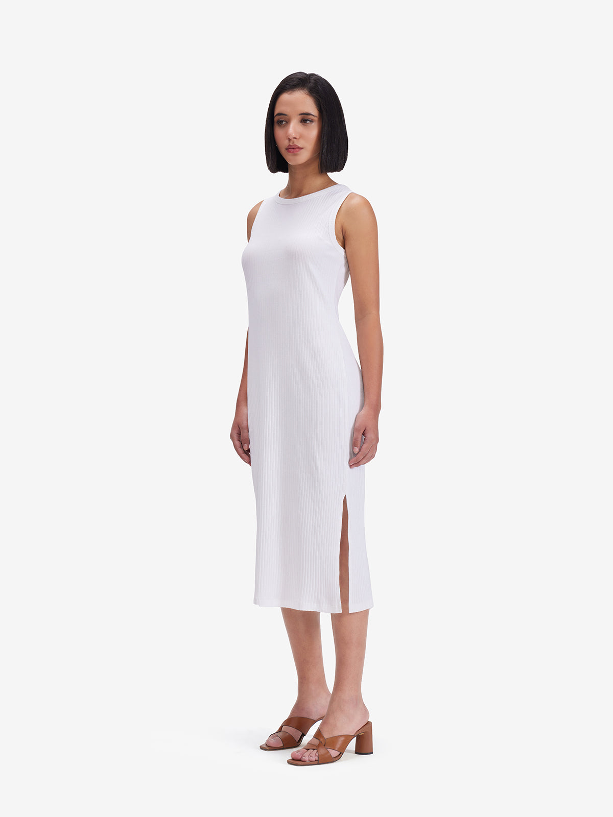 Women White Ribbed Side Slit Midi Dress