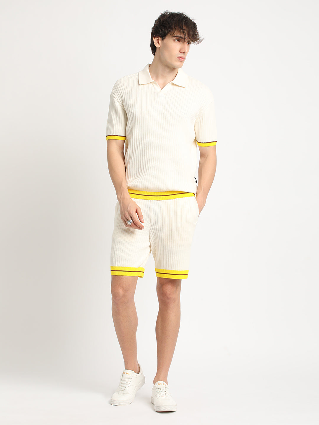 Men Cream Knitted Regular Fit Polo Collar T-shirt