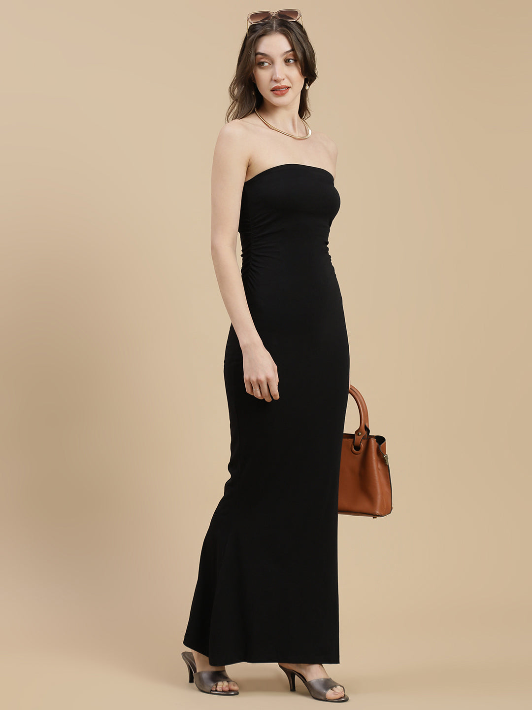 Women Black Ruched Side Slit Tube Dress