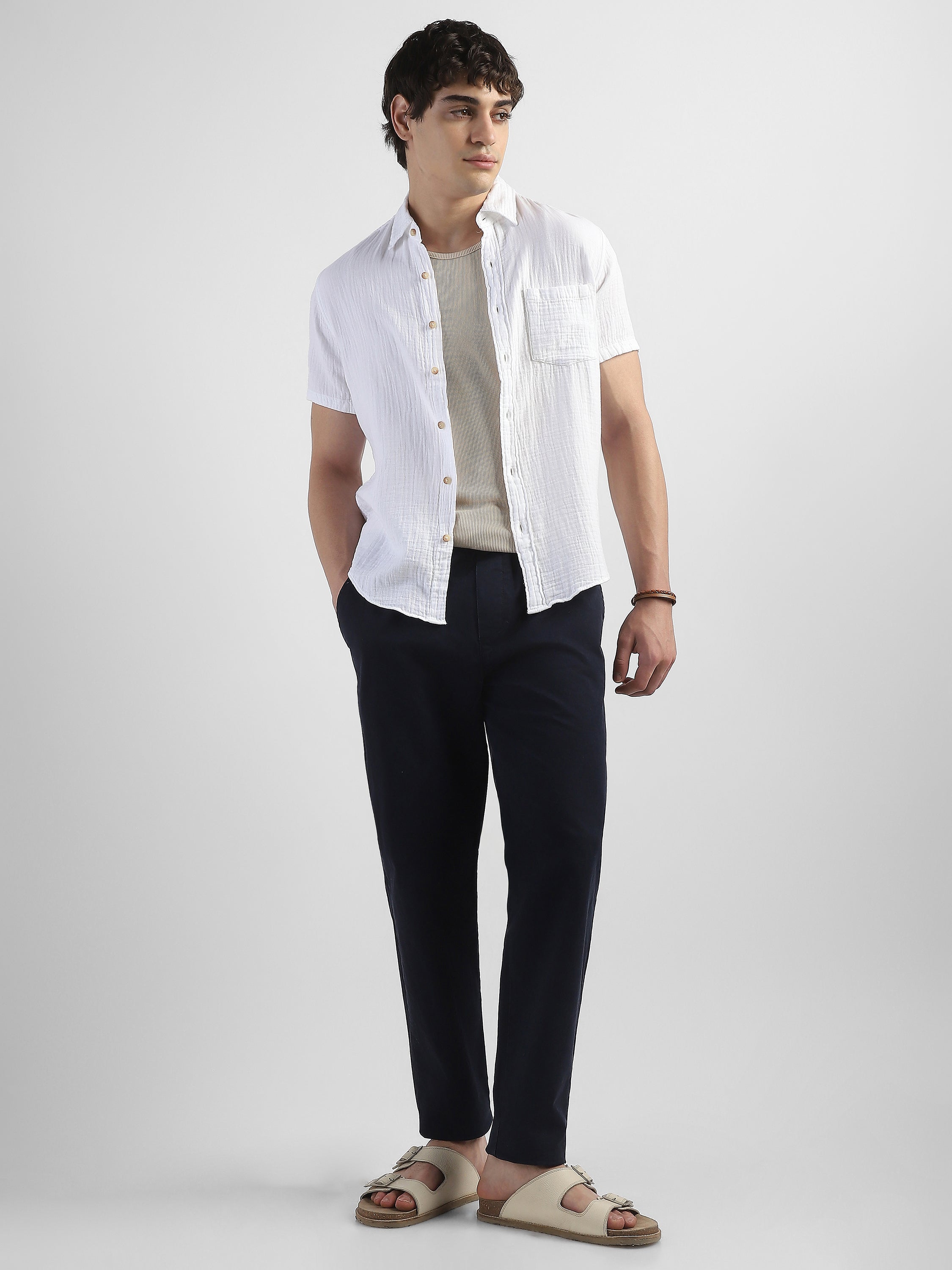 Men Navy Cotton Blend Pants