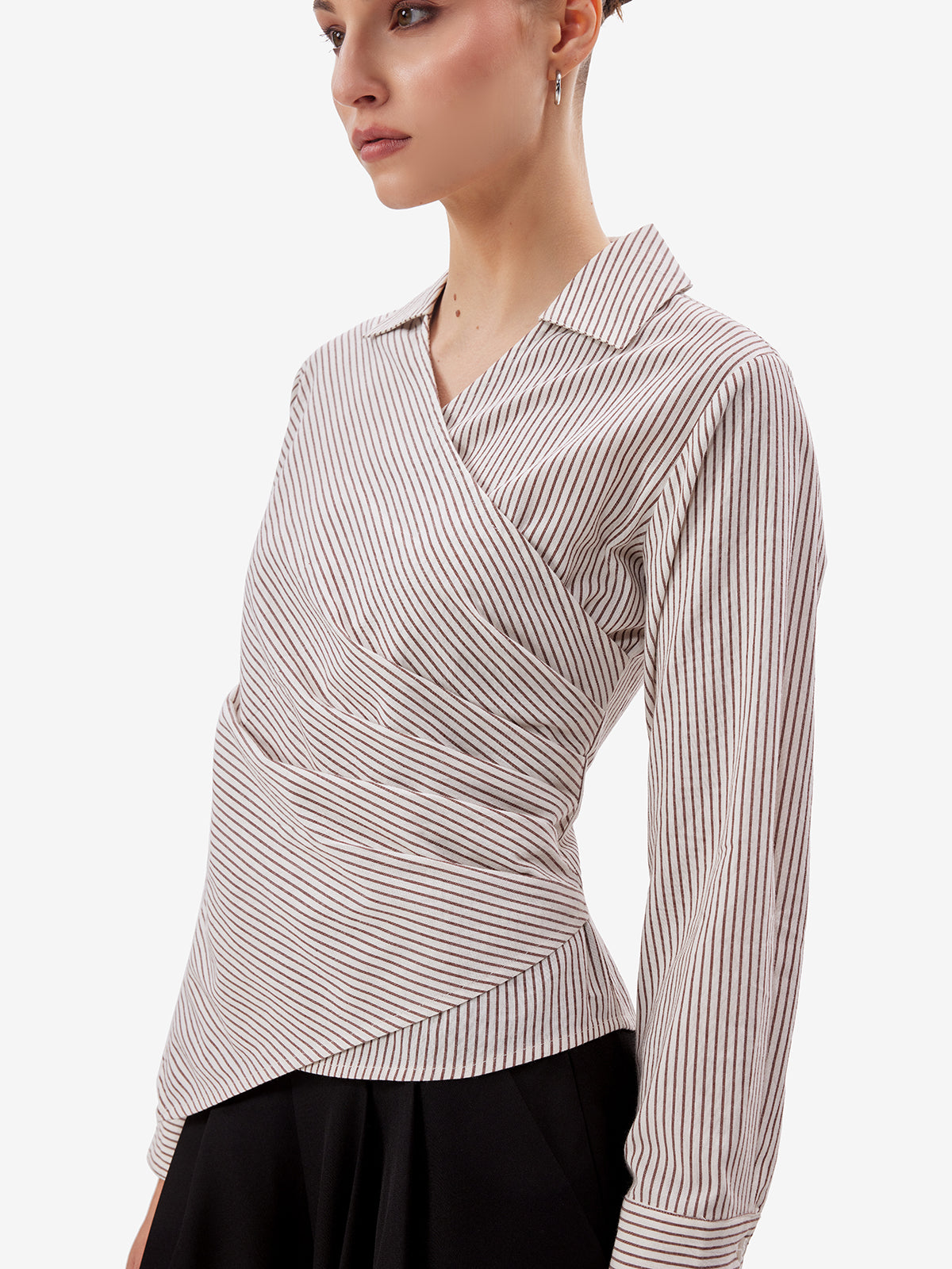 Women White Striped Overlap Shirt