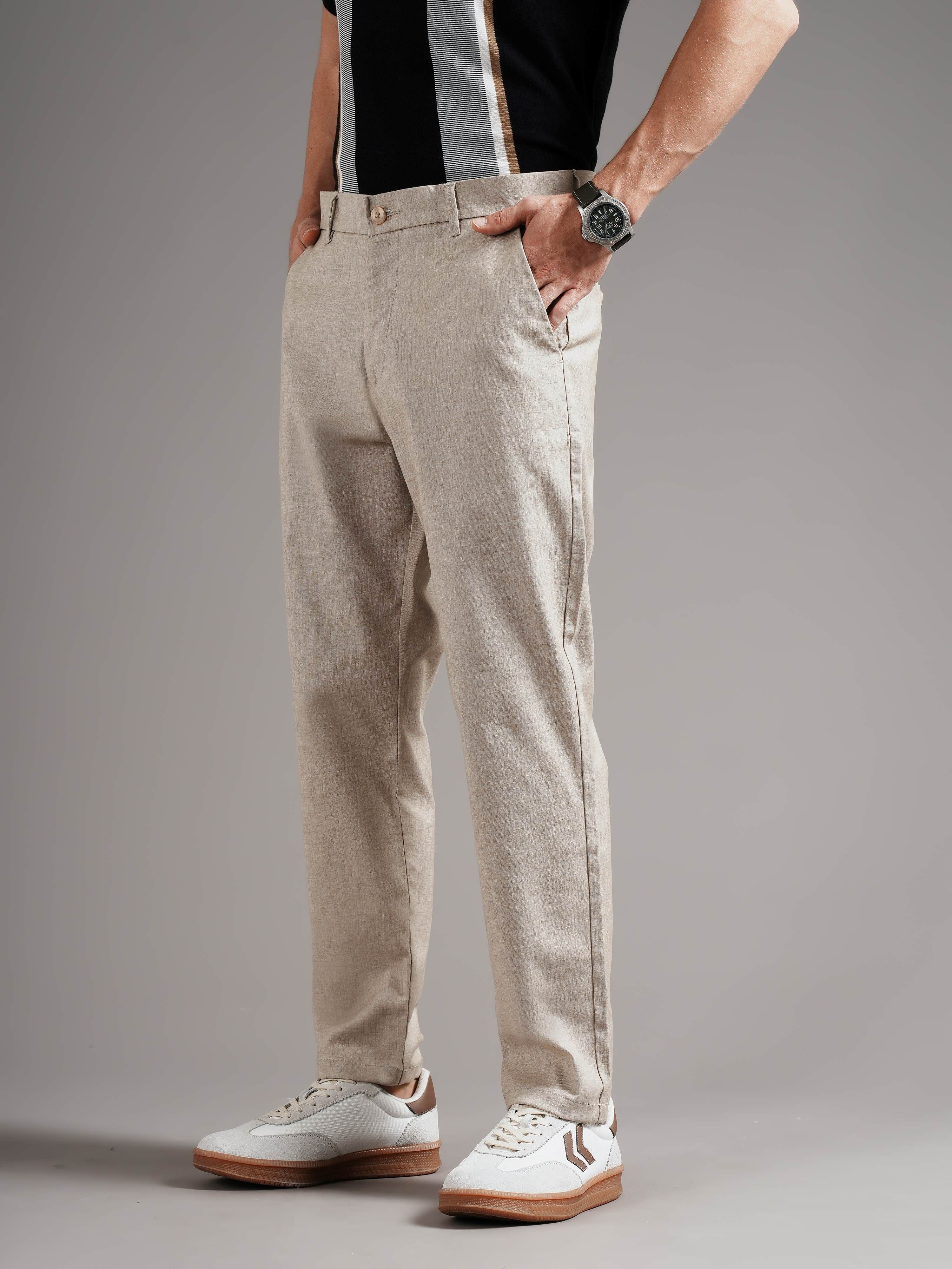 Men Beige Straight Fit Trousers