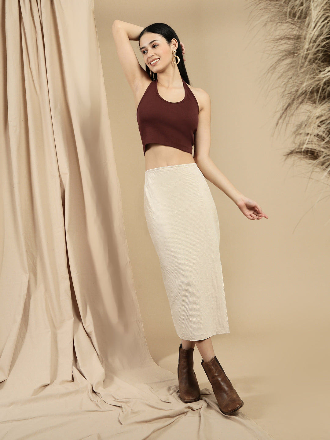 Women Beige Cotton Lycra Skirt