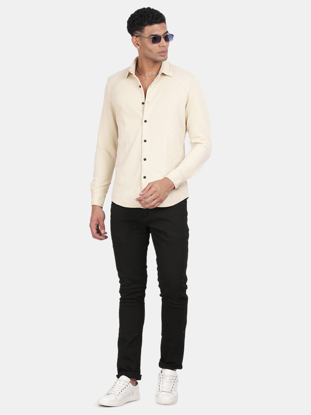 Men Cream Slim Fit Spread Collar Full Sleeve Casual Shirt
