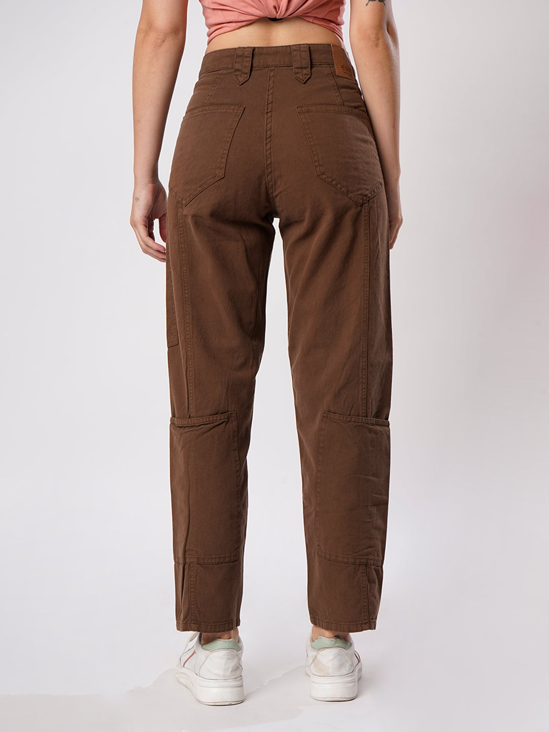 Women Brown Cargo Trouser with Waistband detailing