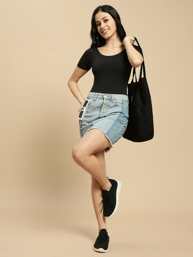 Women Black Half Sleeve Crop Top
