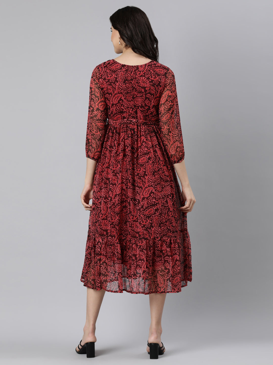 Women Maroon Floral Chiffon Dress